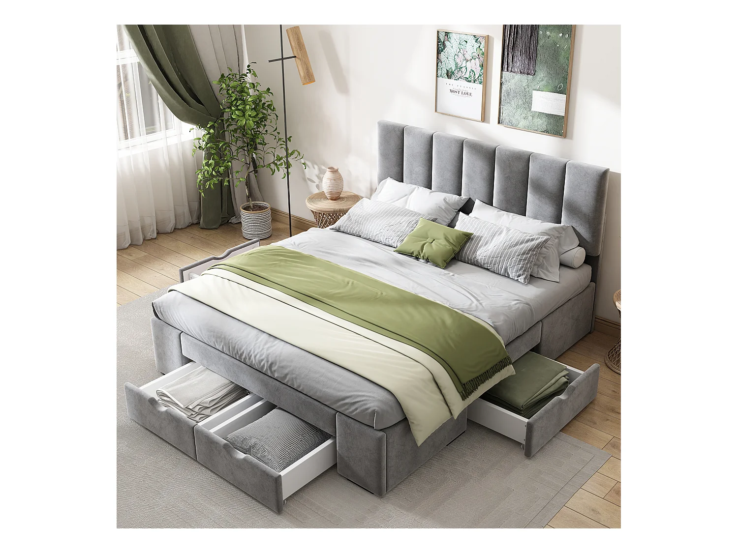 Lit adulte 140x200 cm avec sommier - lit double avec 4 tiroirs de rangement - velours- gris (sans matelas)