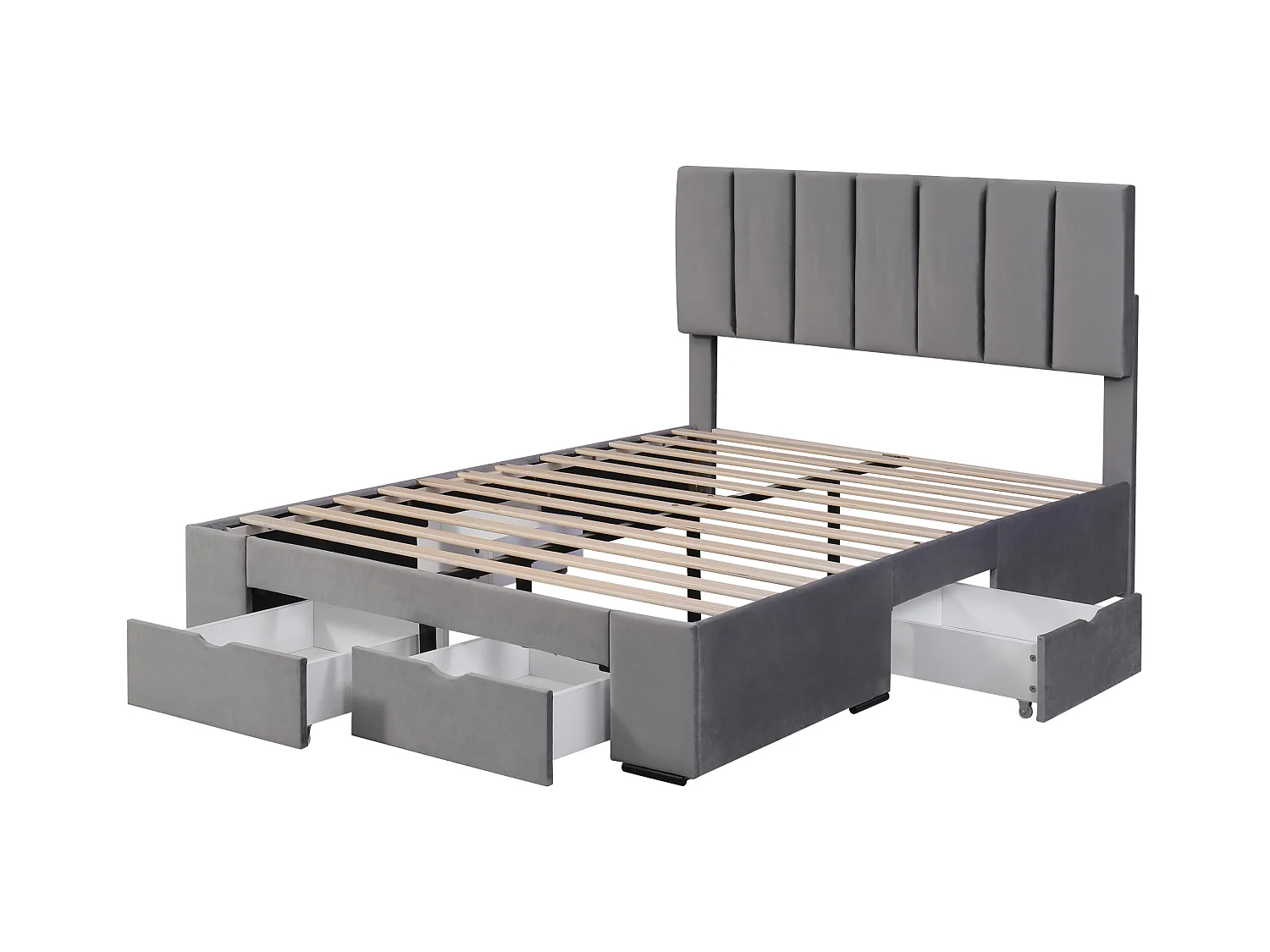 Lit adulte 140x200 cm avec sommier - lit double avec 4 tiroirs de rangement - velours- gris (sans matelas)