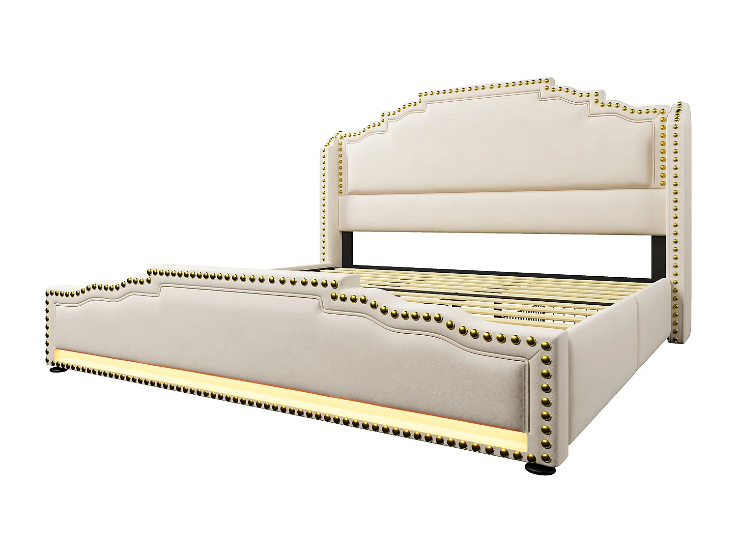 Tweepersoonsbed voor volwassenen 180x200cm met lattenbodem en 4 lades - LED en USB - bedframe - beige fluweel (zonder matras)