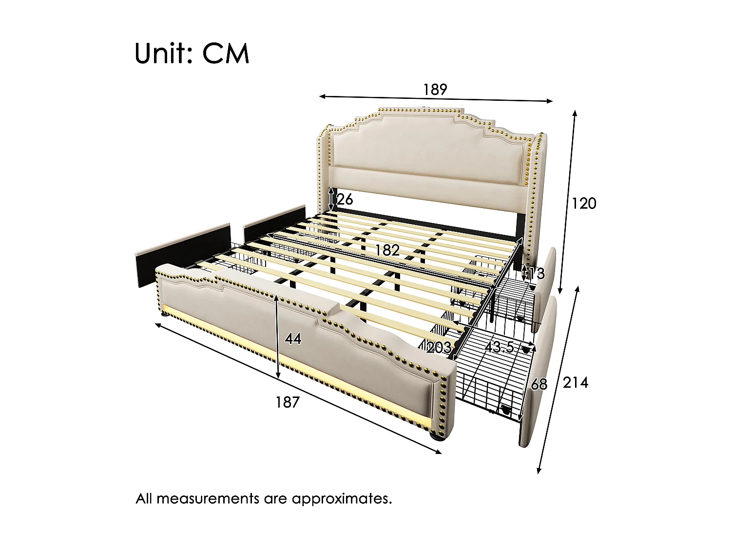 Lit adulte 180x200cm avec sommier et 4 tiroirs - LED et USB - cadre de lit - velours beige (sans matelas)