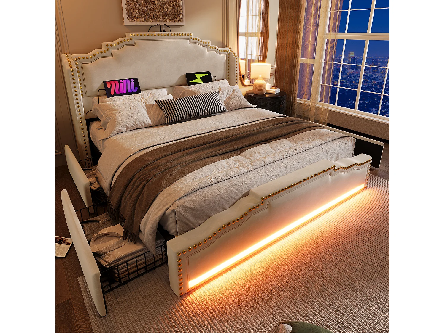 Lit 180x200 avec 4 tiroirs, avec LED et ports USB Type C, avec sommier, velours, beige (Sans matelas)