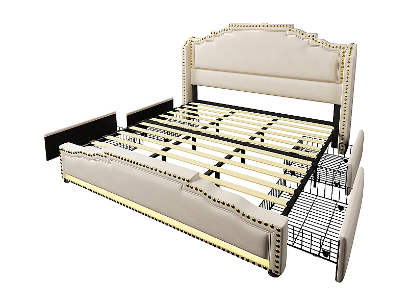 Lit 180x200 avec 4 tiroirs, avec LED et ports USB Type C, avec sommier, velours, beige (Sans matelas)