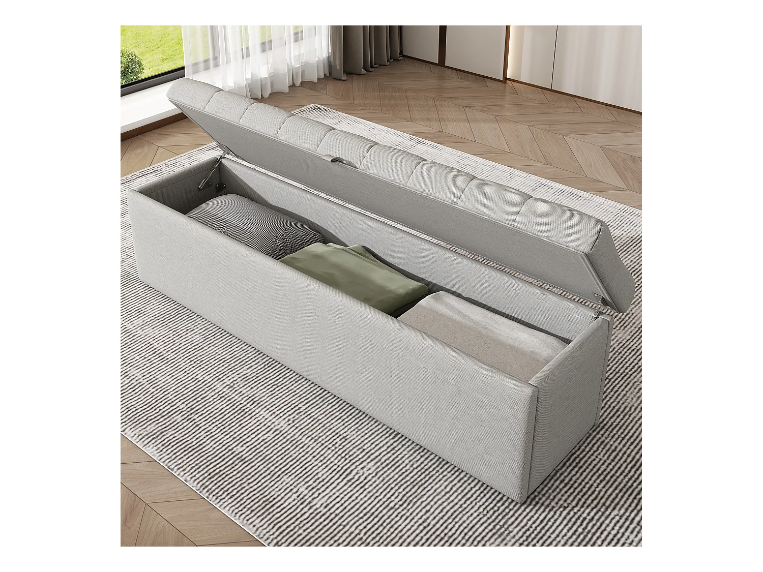 Banc coffre de lit banc rembourré avec rangement - cadre en bois - lin gris clair 141x41.5x47 cm