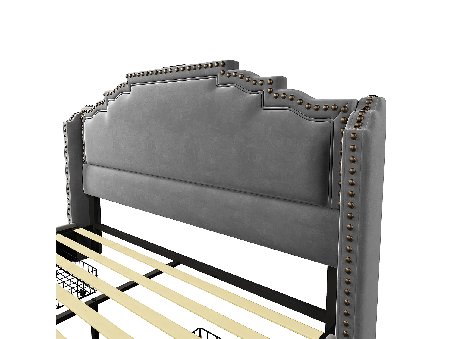 Lit adulte 160x200cm avec sommier et 4 tiroirs - LED et USB - cadre de lit - velours gris (sans matelas)