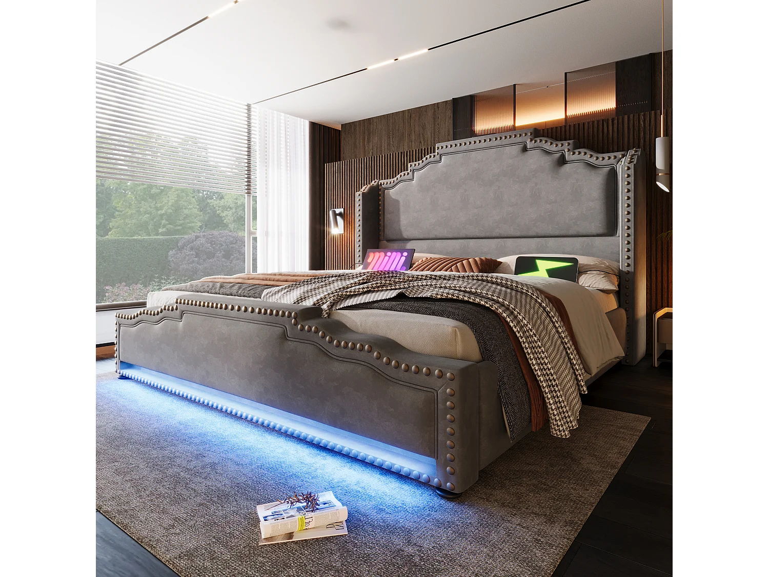 Lit capitonné 160x200 avec 4 tiroirs, avec LED et ports USB et Type C, avec sommier à lattes, velours, gris (Sans matelas)