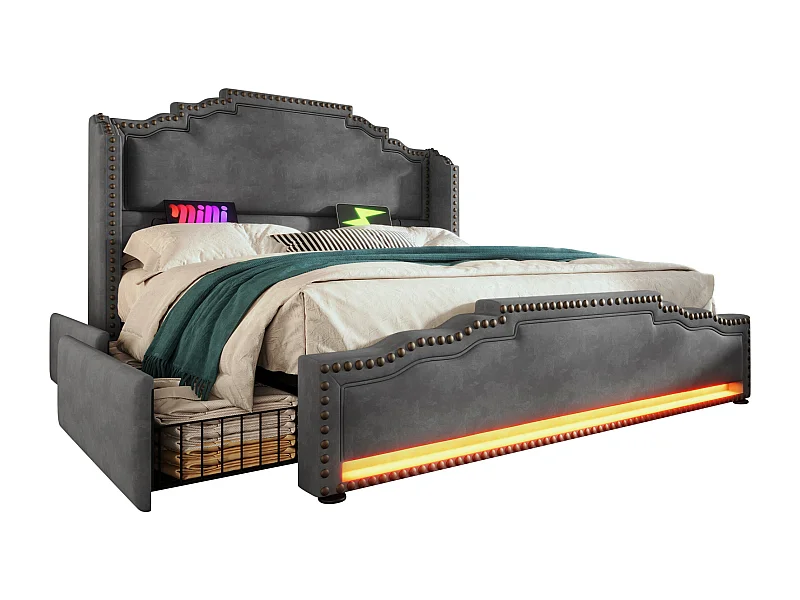 Cama doble adulto 160x200cm con base y 4 cajones - LED y USB - estructura de cama de madera - terciopelo gris (sin colchón)