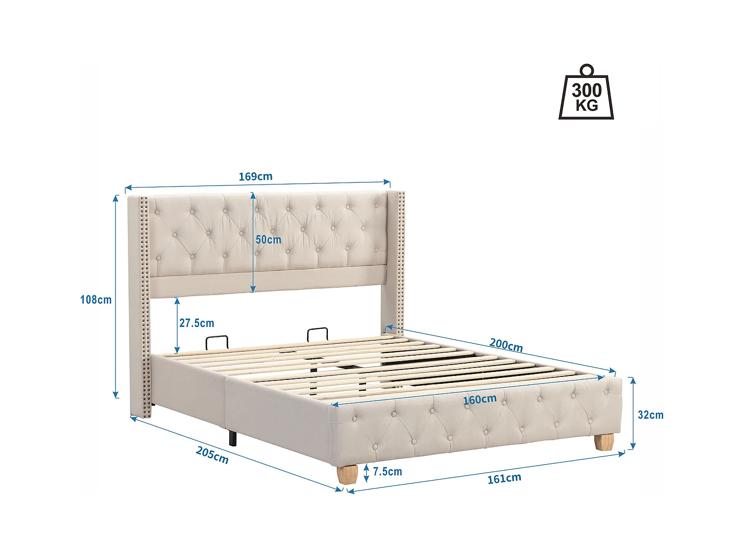 Tweepersoonsbed 160x200 cm met lattenbodem - gestoffeerd hoofdeinde - houten bedframe - beige linnen (zonder matras)