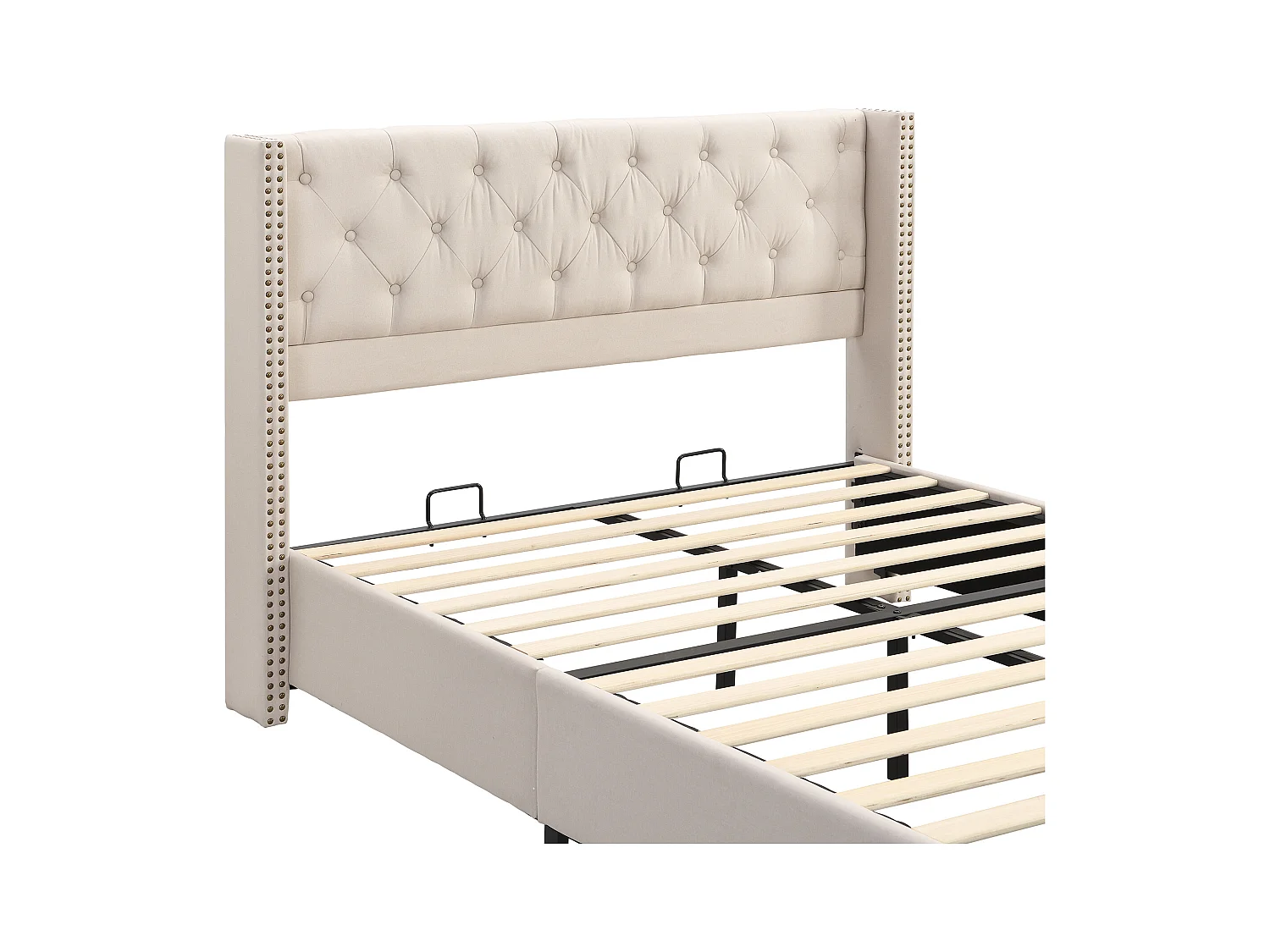 Tweepersoonsbed 160x200 cm met lattenbodem - gestoffeerd hoofdeinde - houten bedframe - beige linnen (zonder matras)