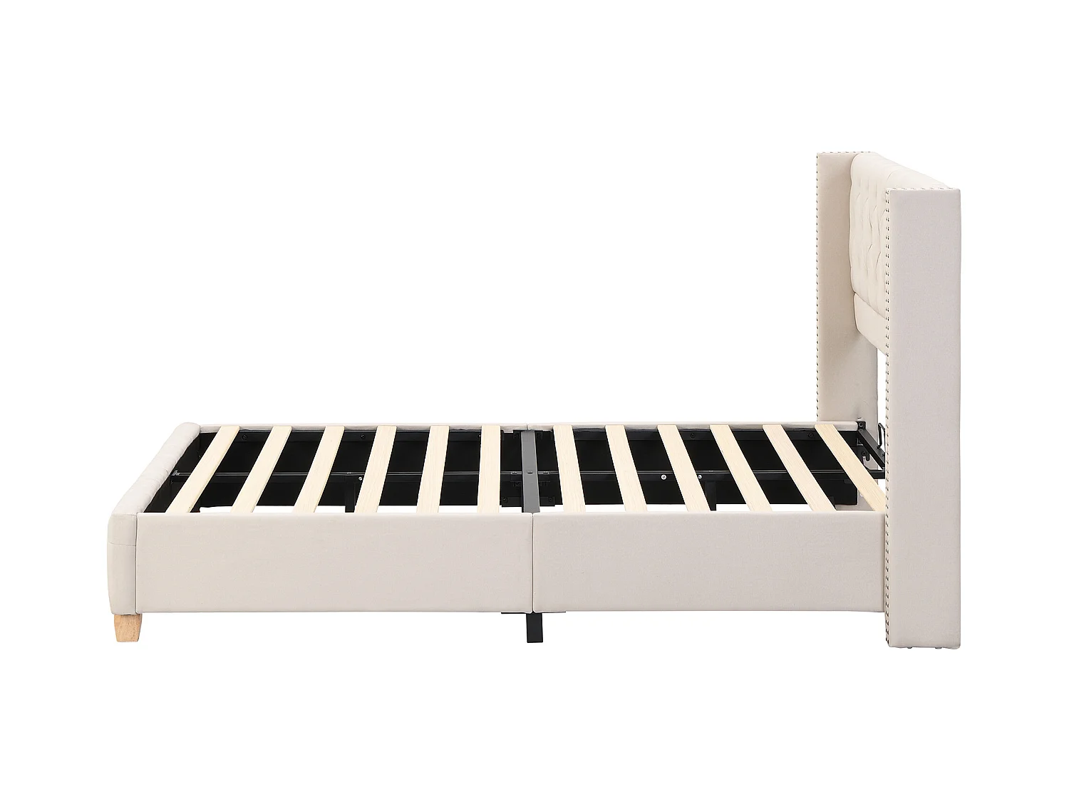 Tweepersoonsbed 160x200 cm met lattenbodem - gestoffeerd hoofdeinde - houten bedframe - beige linnen (zonder matras)