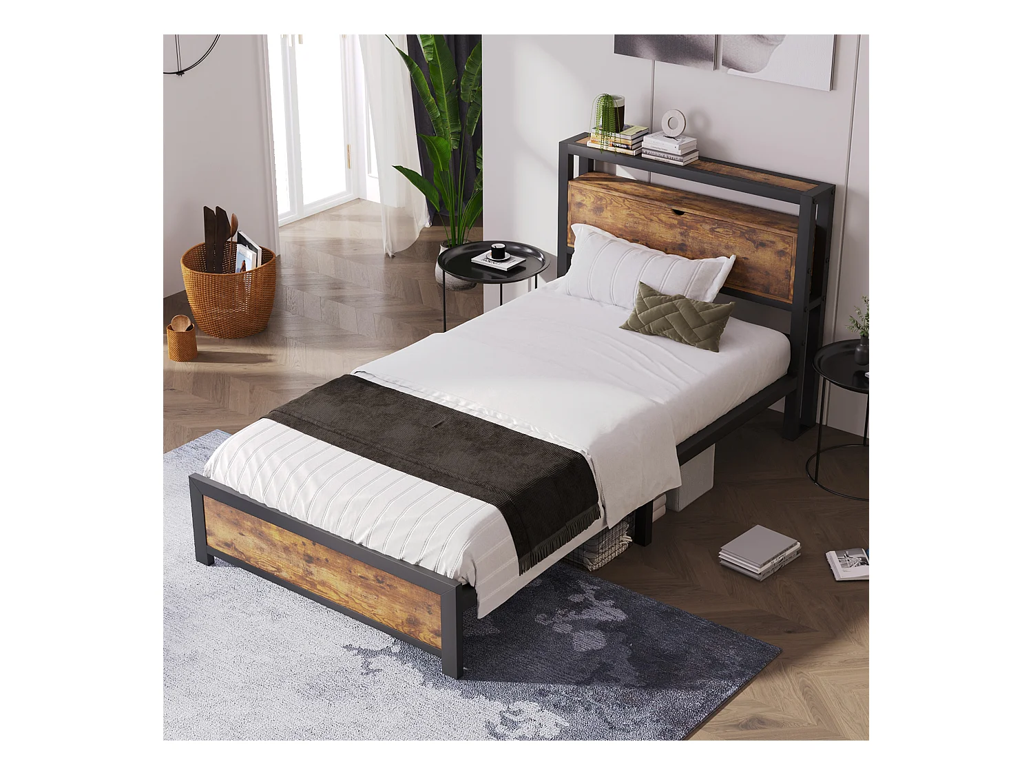 Lit enfant 90x200 cm avec sommier métallique - tête de lit rangement - cadre de lit en métal - marron (sans matelas)