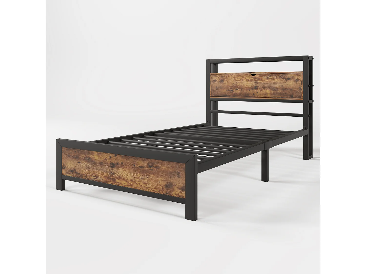 Lit enfant 90x200 cm avec sommier métallique - tête de lit rangement - cadre de lit en métal - marron (sans matelas)