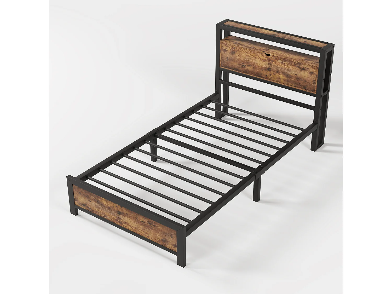 Lit enfant 90x200 cm avec sommier métallique - tête de lit rangement - cadre de lit en métal - marron (sans matelas)