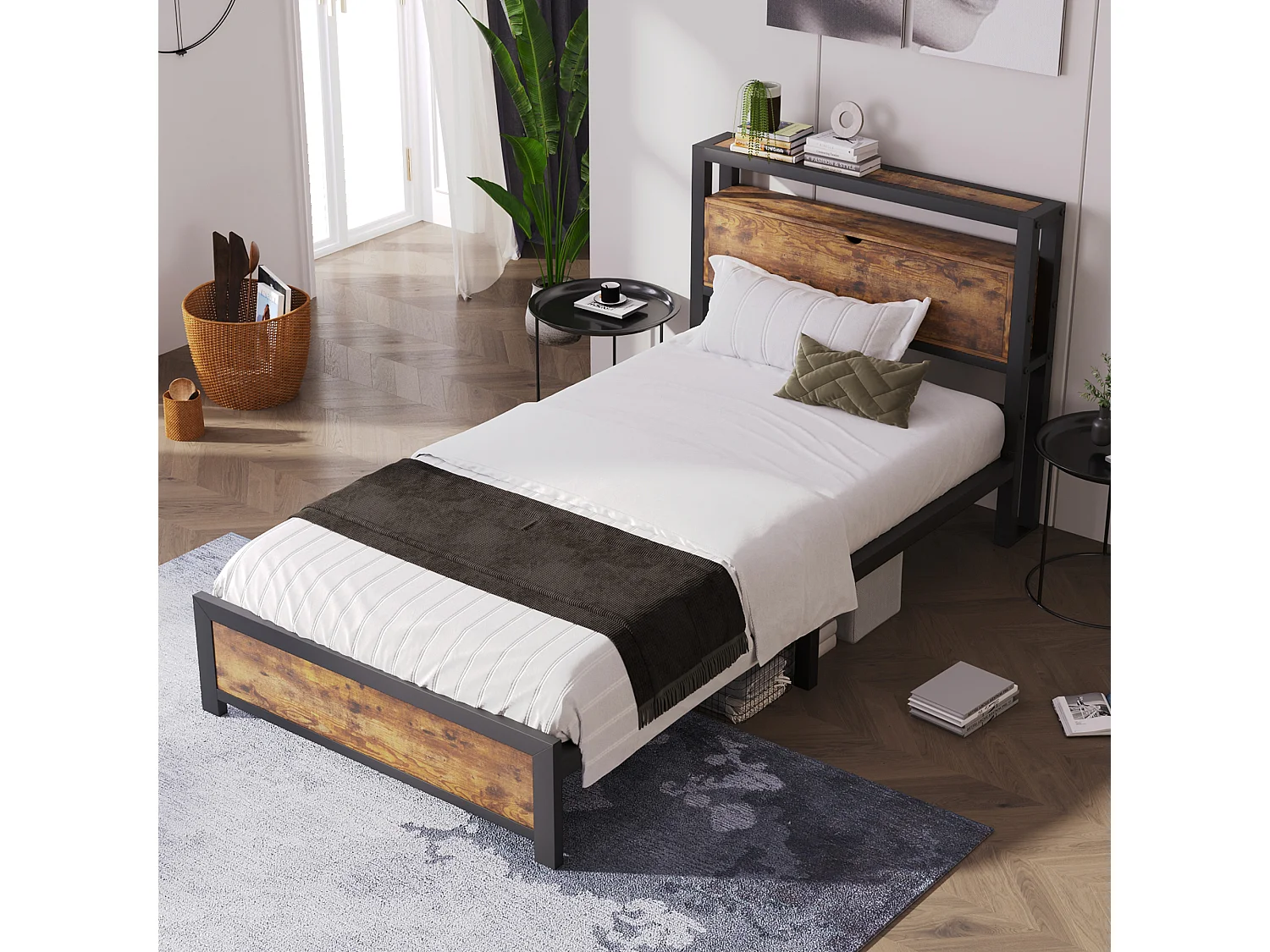 Lit enfant 90x200 cm avec sommier métallique - tête de lit rangement - cadre de lit en métal - marron (sans matelas)