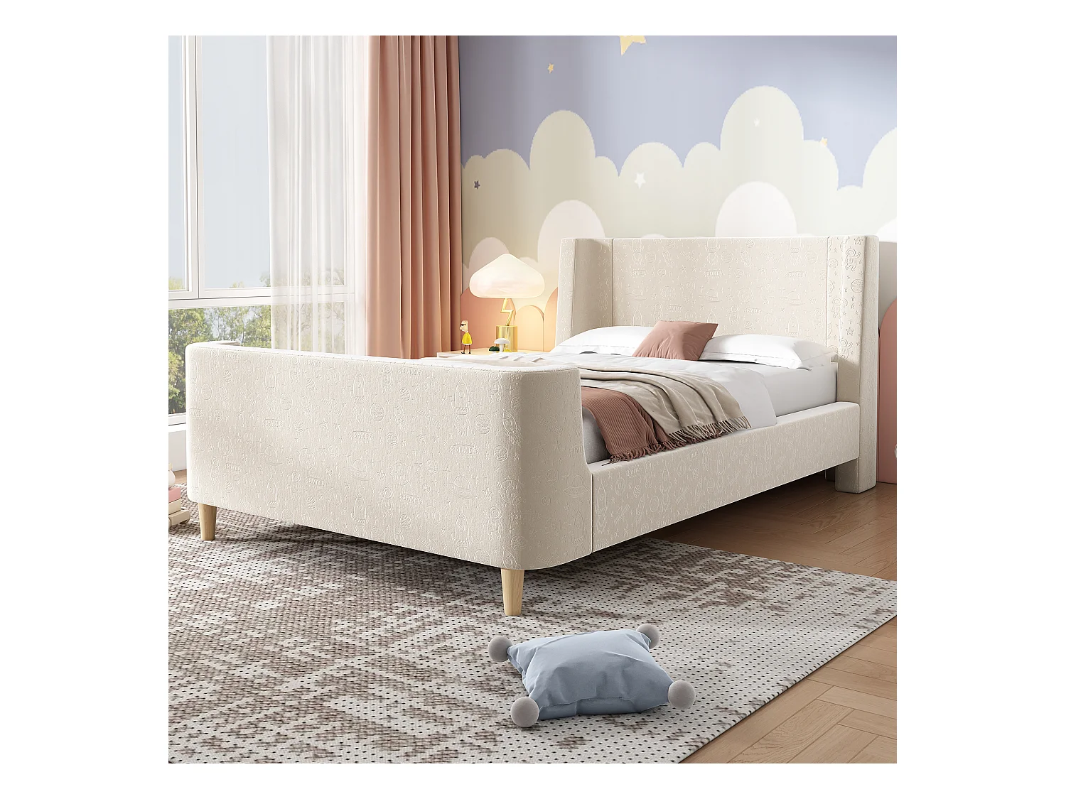 Lit enfant 90x200 cm avec sommier à Lattes- cadre de lit en bois - velours - beige (sans matelas)