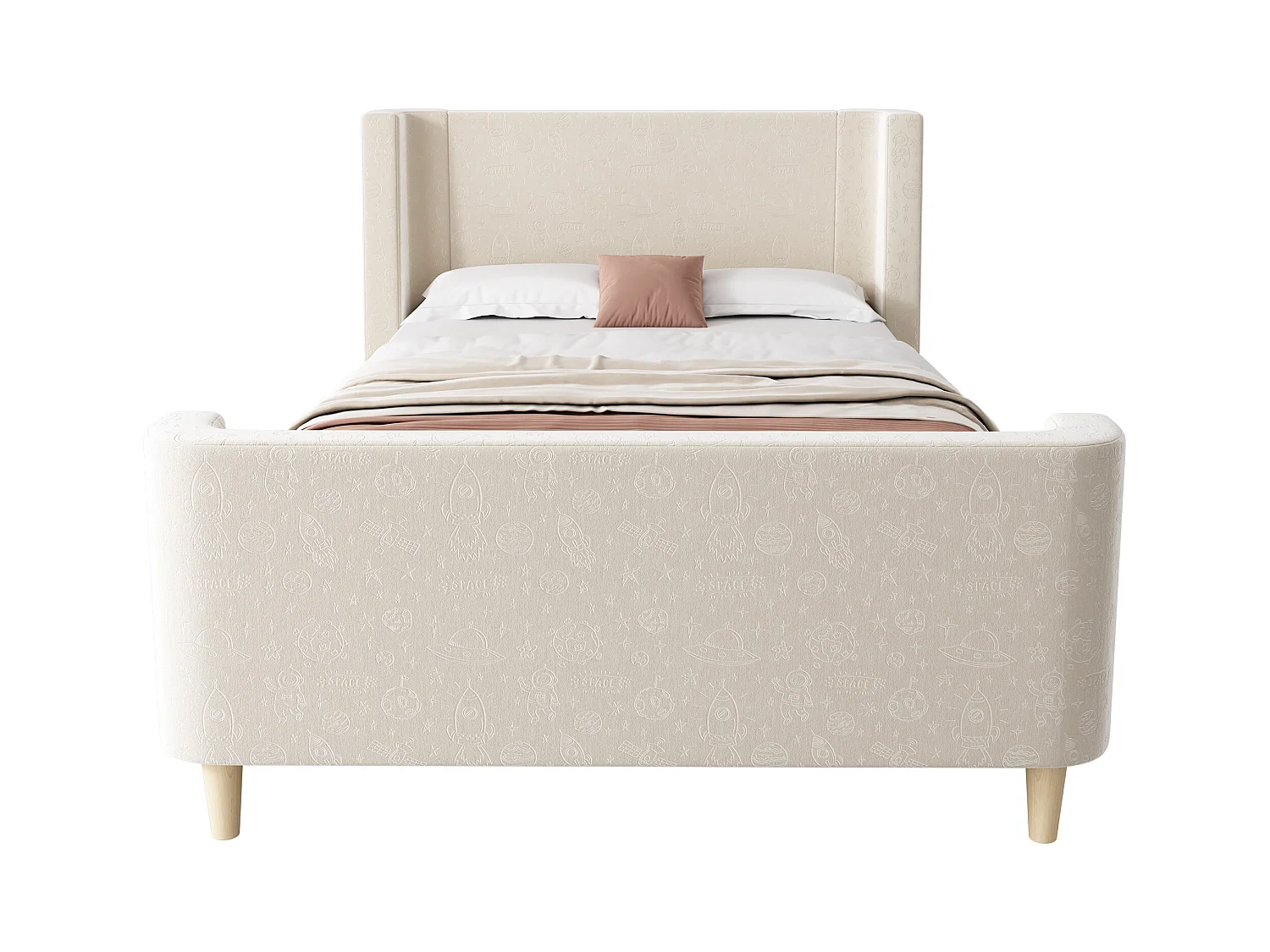 Lit enfant 90x200 cm avec sommier à Lattes- cadre de lit en bois - velours - beige (sans matelas)