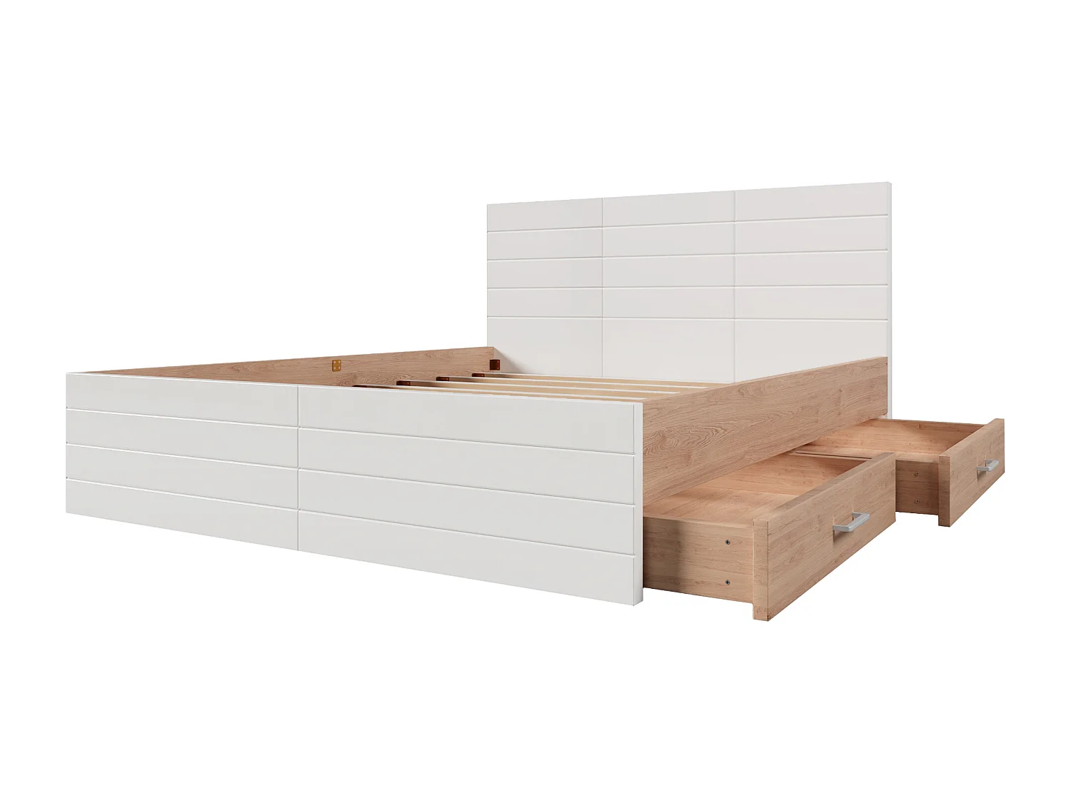 Tweepersoonsbed 180x200 cm met 2 laden, met lattenbodem en opbergruimte onder bed, hout en MDF, wit en licht eiken (zonder matras)