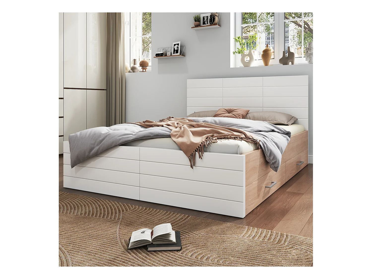 Tweepersoonsbed voor volwassenen 160x200cm met 2 lades en lattenbodem - houten bedframe - eiken/wit - zonder matras