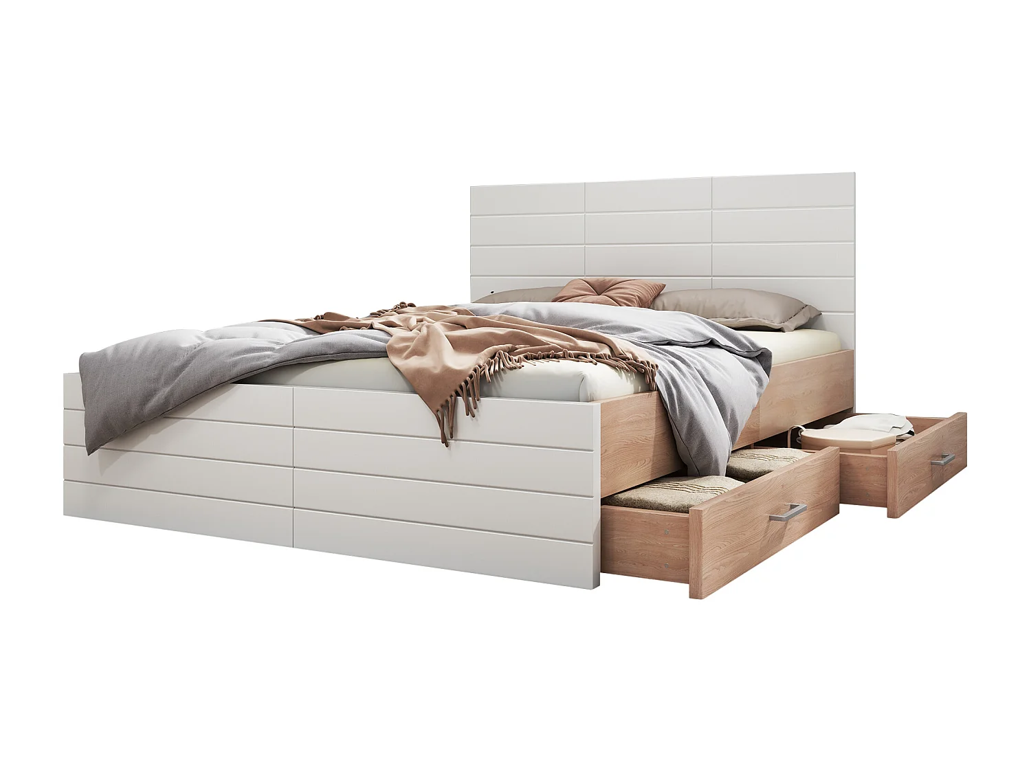 Tweepersoonsbed 160x200 cm, met 2 verwisselbare laden en lattenbodem, hout en MDF, wit en licht eiken (zonder matras)
