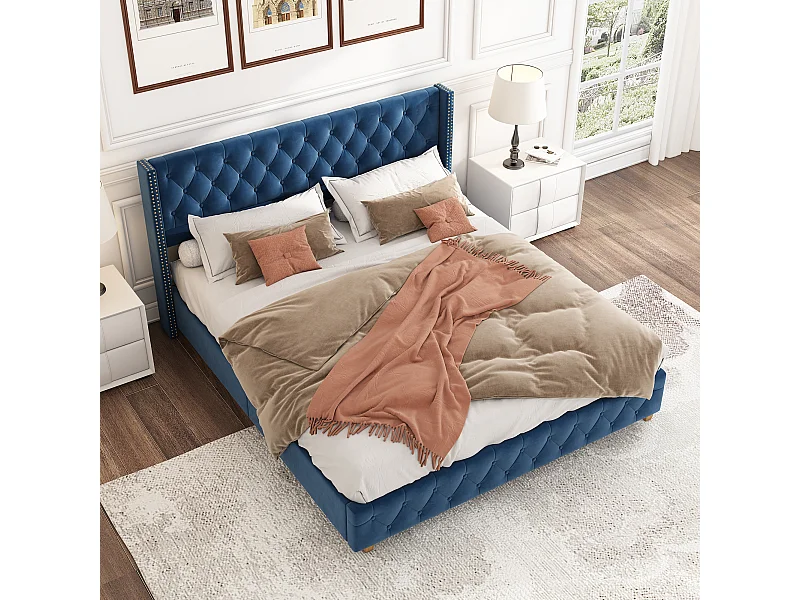 Tweepersoonsbed 160x200 cm met lattenbodem - gestoffeerd hoofdeinde - houten bedframe - blauw fluweel (zonder matras)