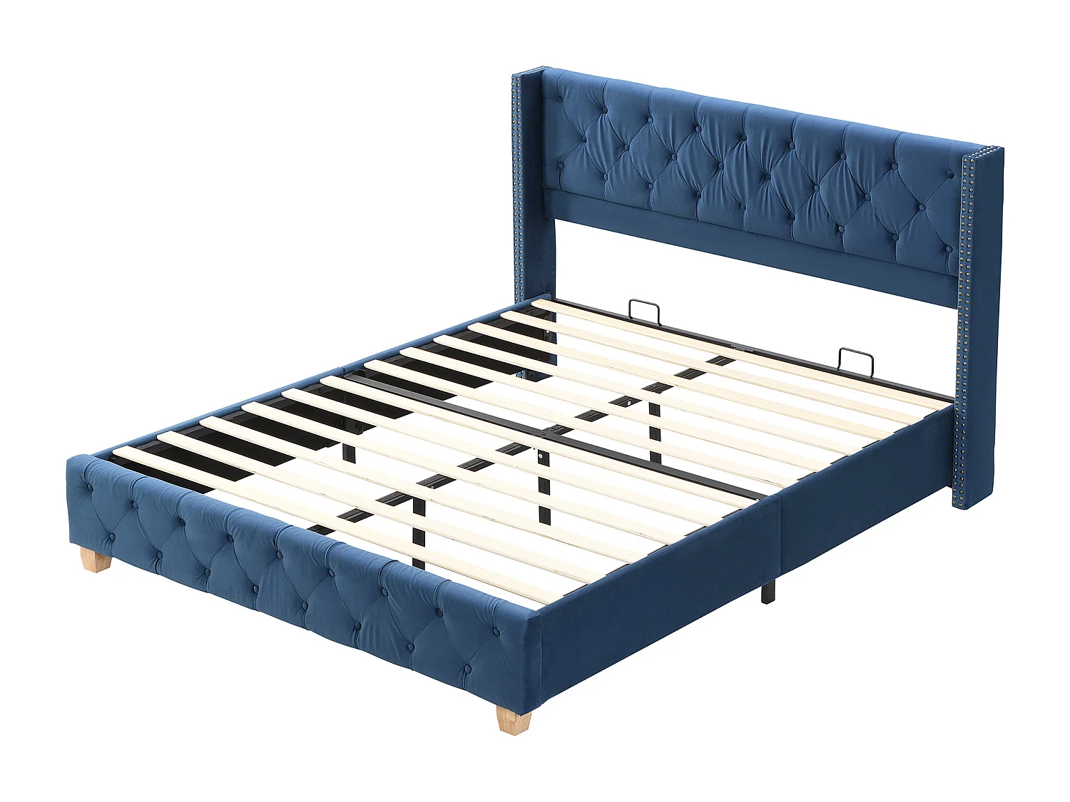 Lit adulte 160x200 cm avec sommier - tête de lit capitonnée - cadre de lit en bois - velours bleu (sans matelas)
