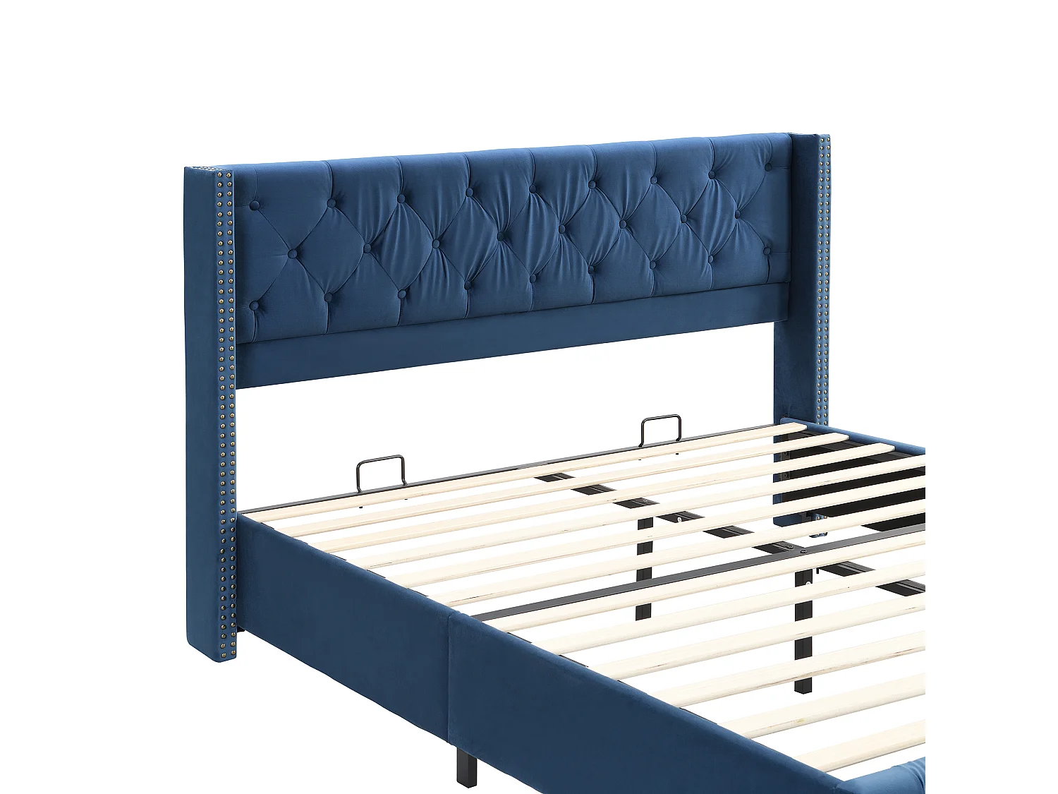 Lit adulte 160x200 cm avec sommier - tête de lit capitonnée - cadre de lit en bois - velours bleu (sans matelas)