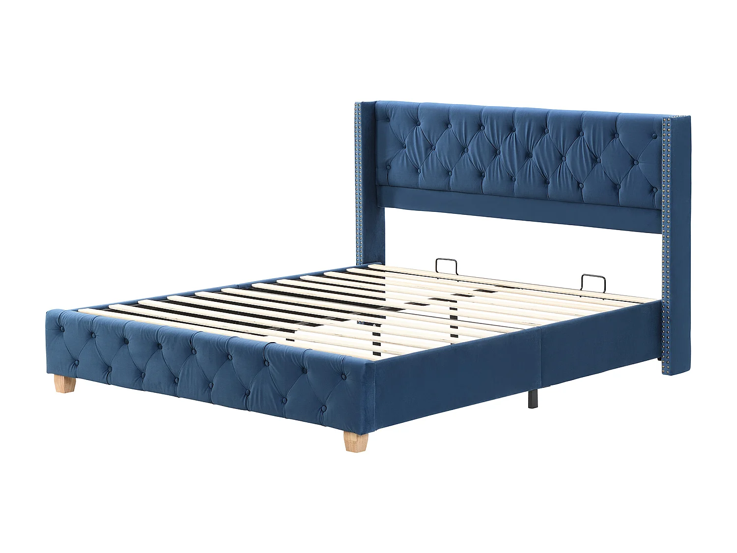 Lit adulte 160x200 cm avec sommier - tête de lit capitonnée - cadre de lit en bois - velours bleu (sans matelas)