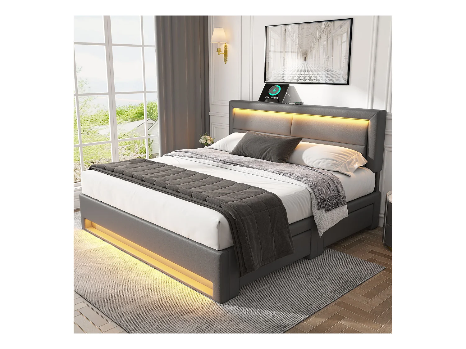 Lit adulte double 140x190 cm avec sommier - tête de lit capitonnée avec USB LED et 4 tiroirs - similicuir - gris (sans matelas)