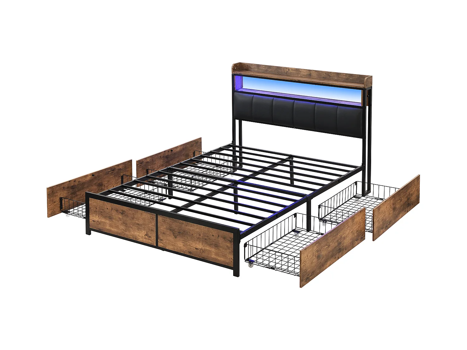 Lit adulte 140x200 cm avec sommier en bois - tête de lit rangement et 4 tiroirs - similicuir - noir (sans matelas)