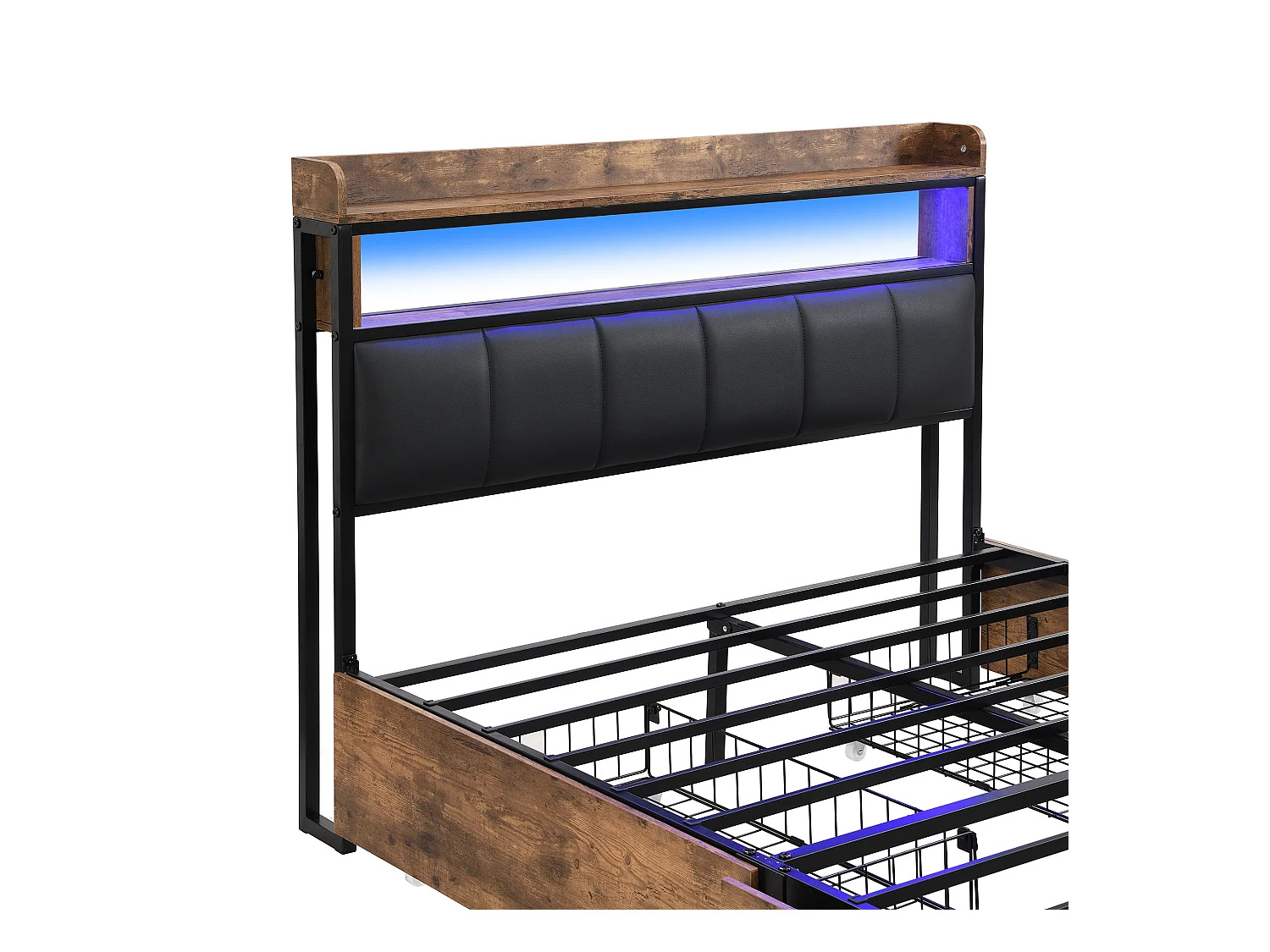 Lit adulte 140x200 cm avec sommier en bois - tête de lit rangement et 4 tiroirs - similicuir - noir (sans matelas)