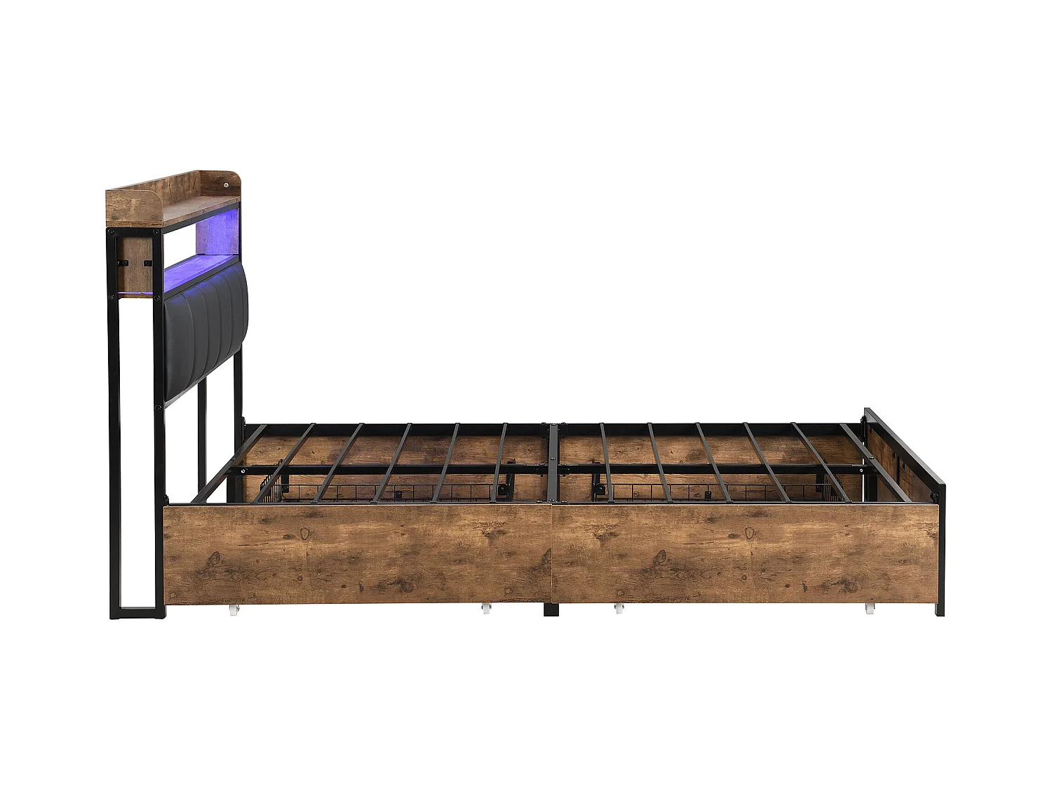 Lit adulte 140x200 cm avec sommier en bois - tête de lit rangement et 4 tiroirs - similicuir - noir (sans matelas)