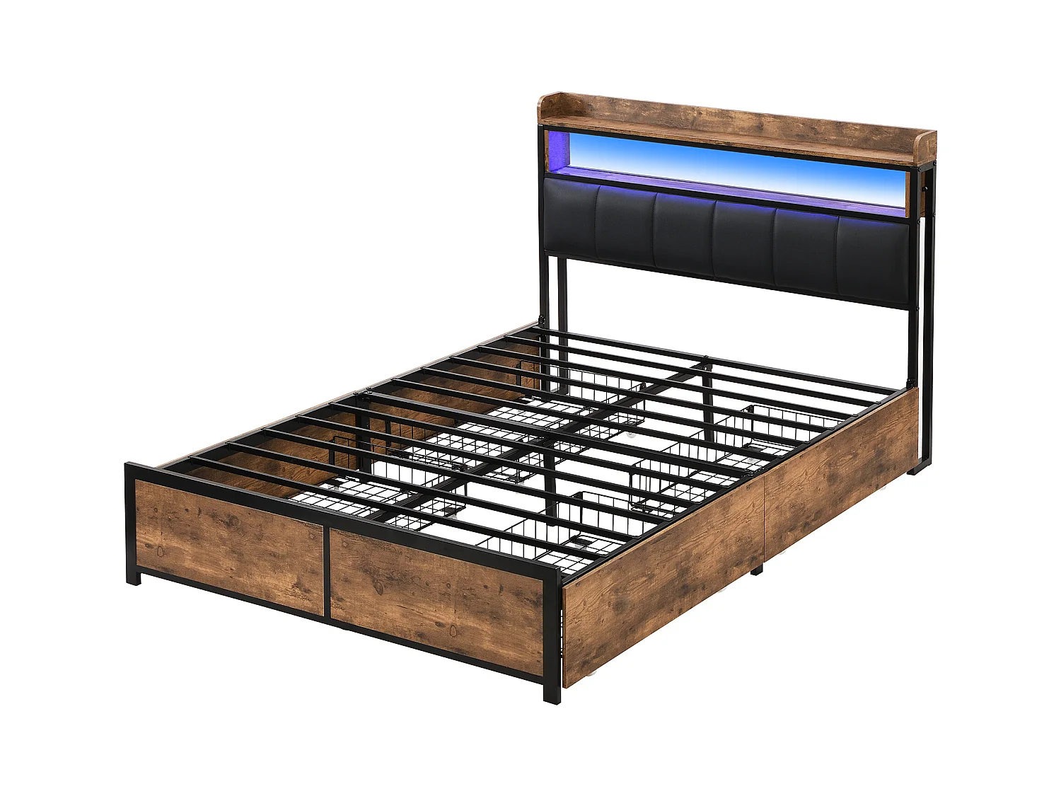 Lit adulte 140x200 cm avec sommier en bois - tête de lit rangement et 4 tiroirs - similicuir - noir (sans matelas)
