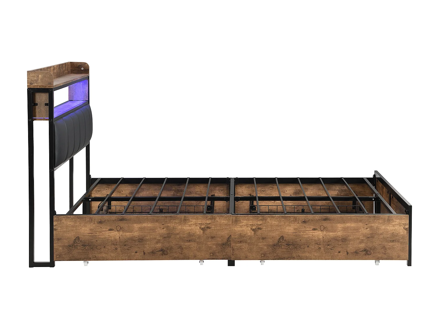 Tweepersoonsbed voor volwassenen 140x200 cm met houten onderstel - opberghoofdeinde en 4 lades - imitatieleer - zwart (zonder matras)