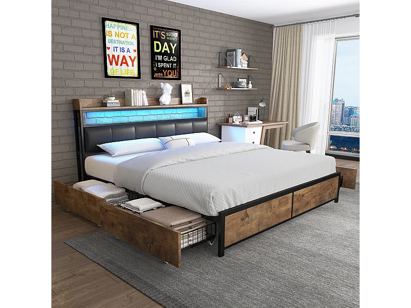 Lit adulte 140x200 cm avec sommier en bois - tête de lit rangement et 4 tiroirs - similicuir - noir (sans matelas)