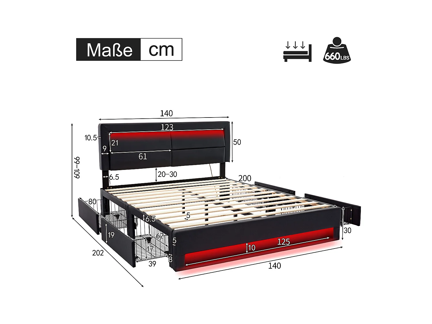 Lit adulte 140x200 cm avec sommier - tête de lit capitonnée avec USB LED et 4 tiroirs - similicuir - noir (sans matelas)