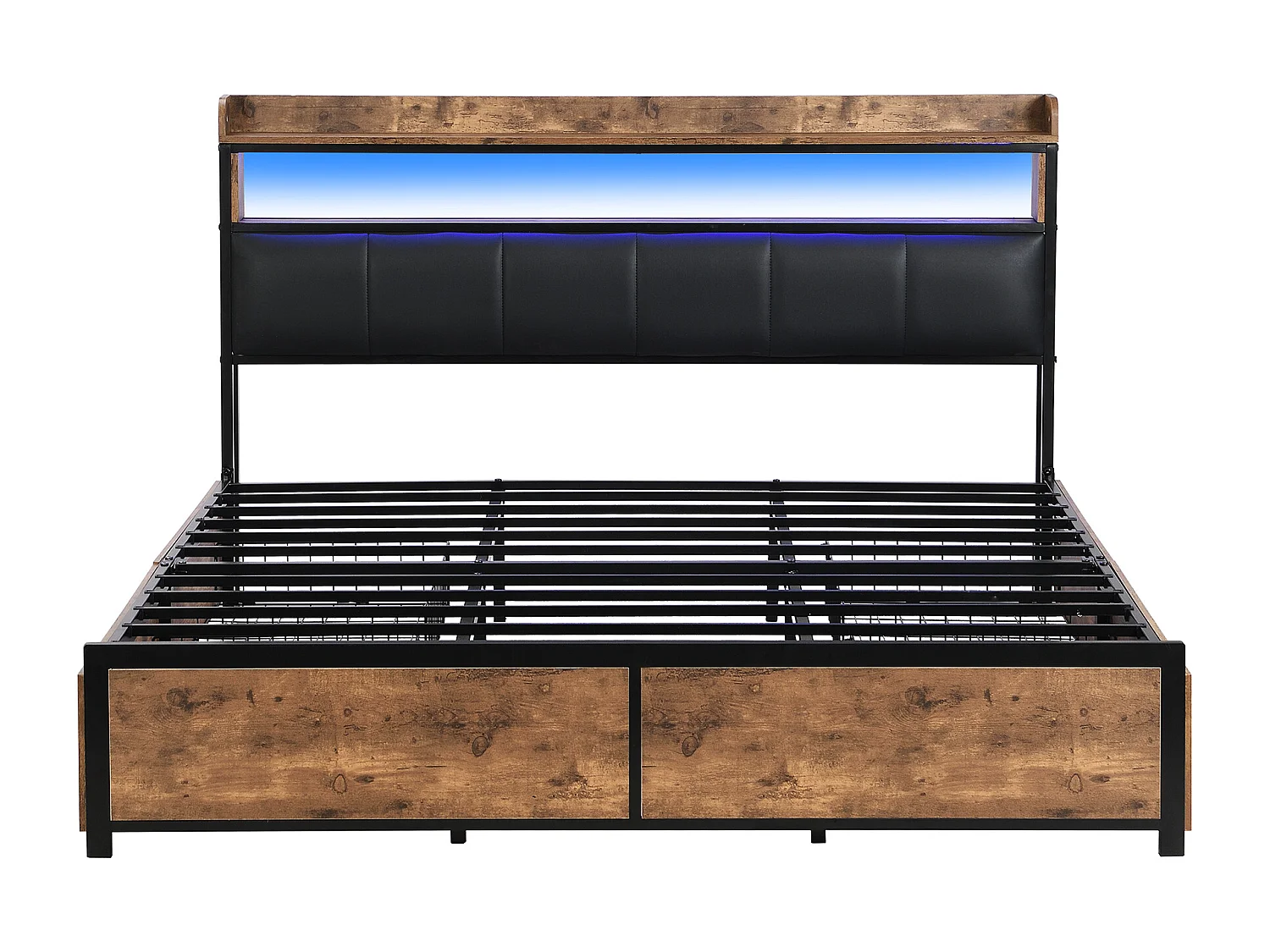 Tweepersoonsbed voor volwassenen 180x200 cm met houten onderstel - opberghoofdeinde en 4 lades - imitatieleer - zwart (zonder matras)