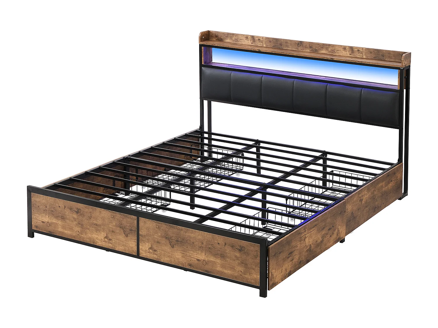 Tweepersoonsbed voor volwassenen 180x200 cm met houten onderstel - opberghoofdeinde en 4 lades - imitatieleer - zwart (zonder matras)