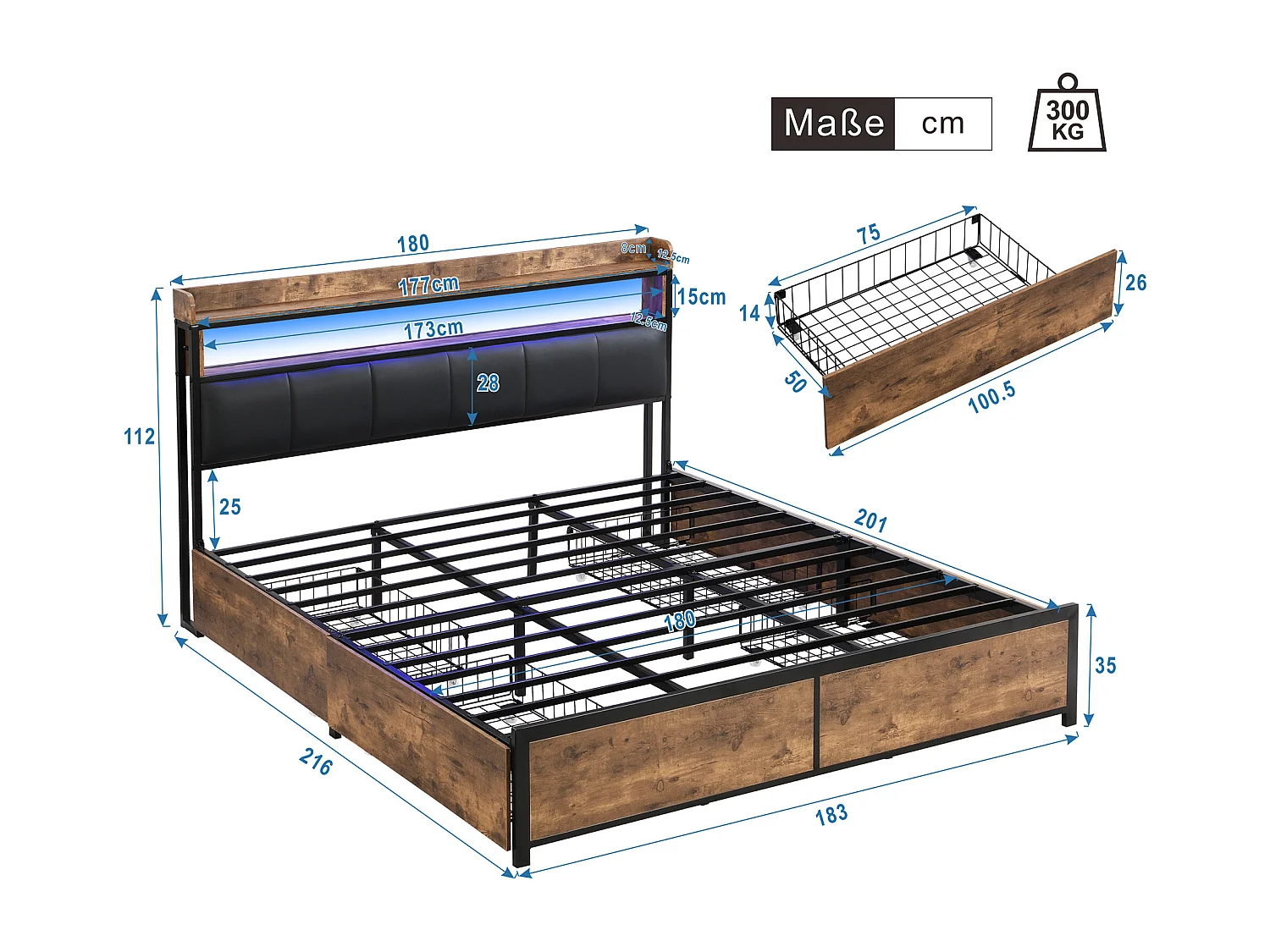 Letto matrimoniale per adulti 180x200 cm con base in legno - testiera contenitore e 4 cassetti - similpelle - nero (senza materasso)