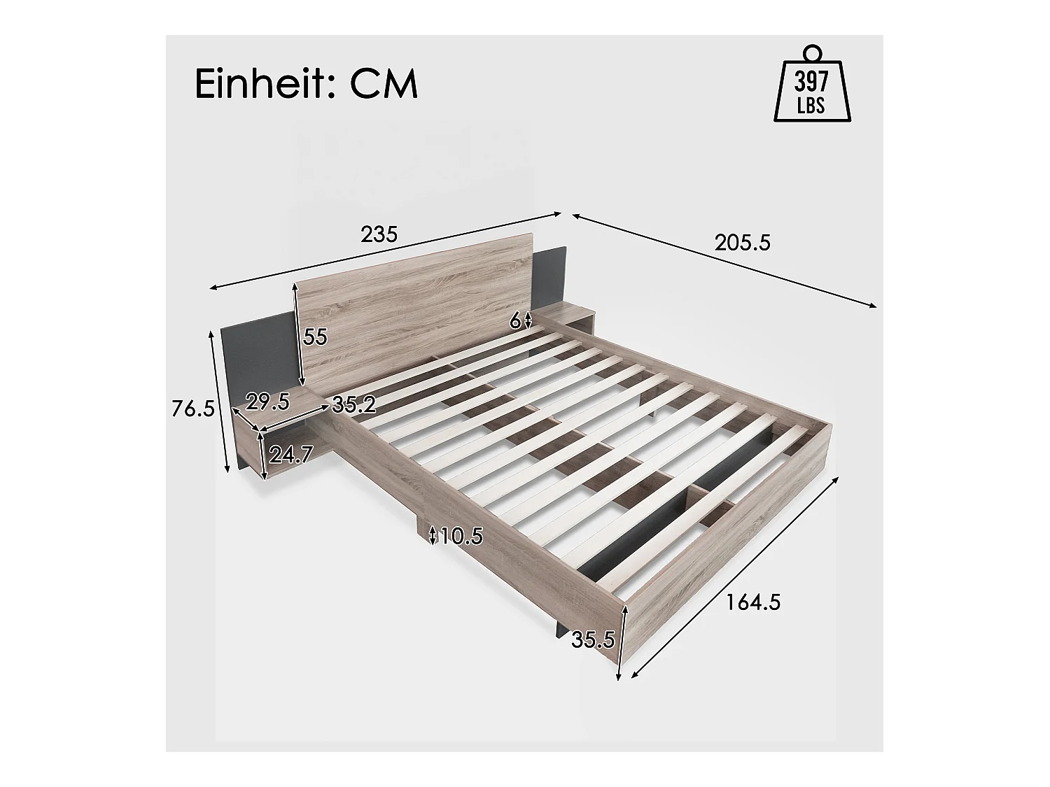 Lit adulte double 160x200 cm avec sommier - 2 tables de chevet - cadre de lit en bois - couleur bois (sans matelas)