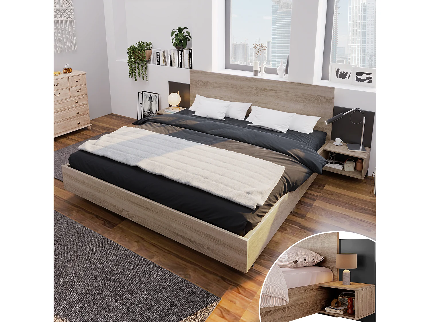 Lit adulte 160x200 cm avec sommier - 2 tables de chevet - cadre de lit en bois - couleur bois (sans matelas)