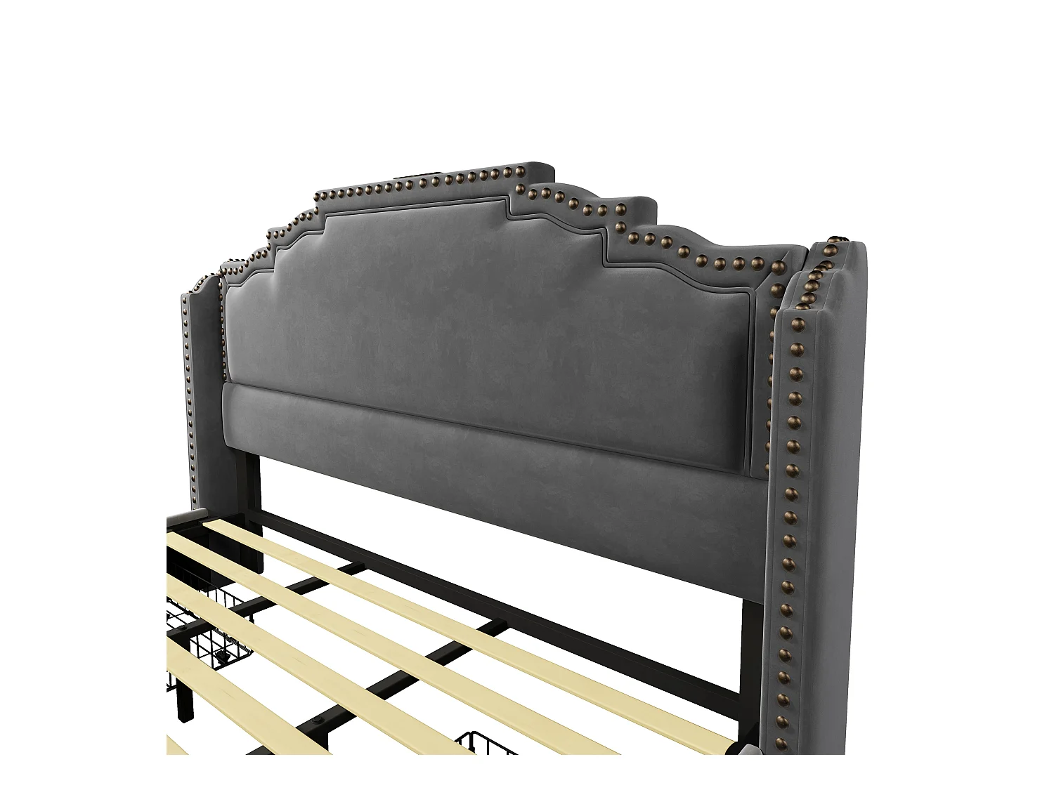 Tweepersoonsbed voor volwassenen 180x200cm met lattenbodem en 4 lades - LED en USB - bedframe - grijs fluweel (zonder matras)