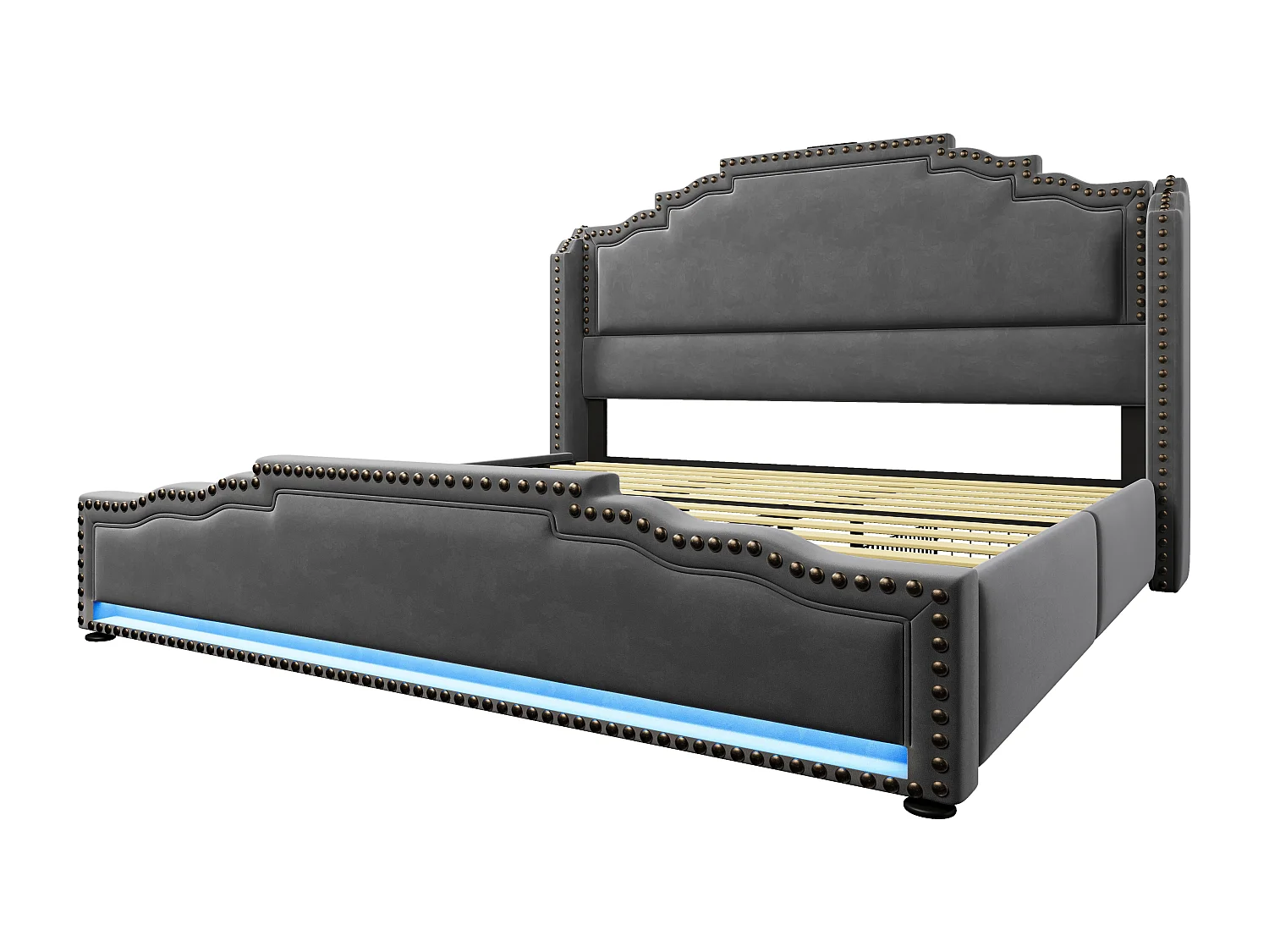 Tweepersoonsbed voor volwassenen 180x200cm met lattenbodem en 4 lades - LED en USB - bedframe - grijs fluweel (zonder matras)