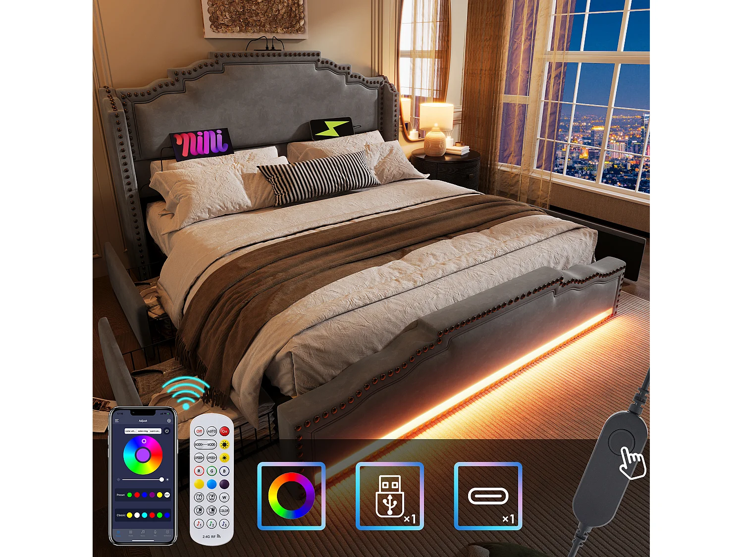 Tweepersoonsbed voor volwassenen 180x200cm met lattenbodem en 4 lades - LED en USB - bedframe - grijs fluweel (zonder matras)