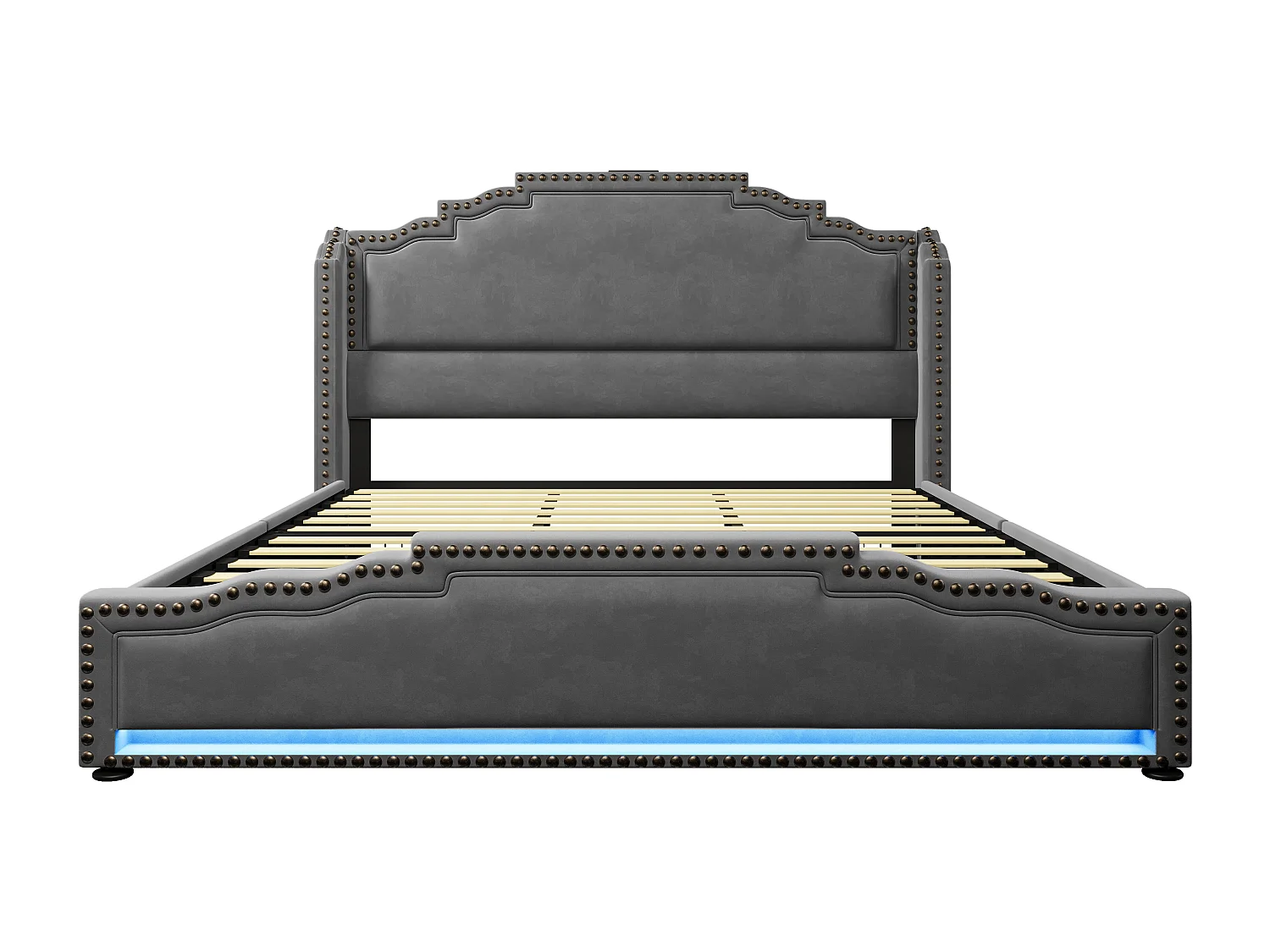 Tweepersoonsbed voor volwassenen 180x200cm met lattenbodem en 4 lades - LED en USB - bedframe - grijs fluweel (zonder matras)