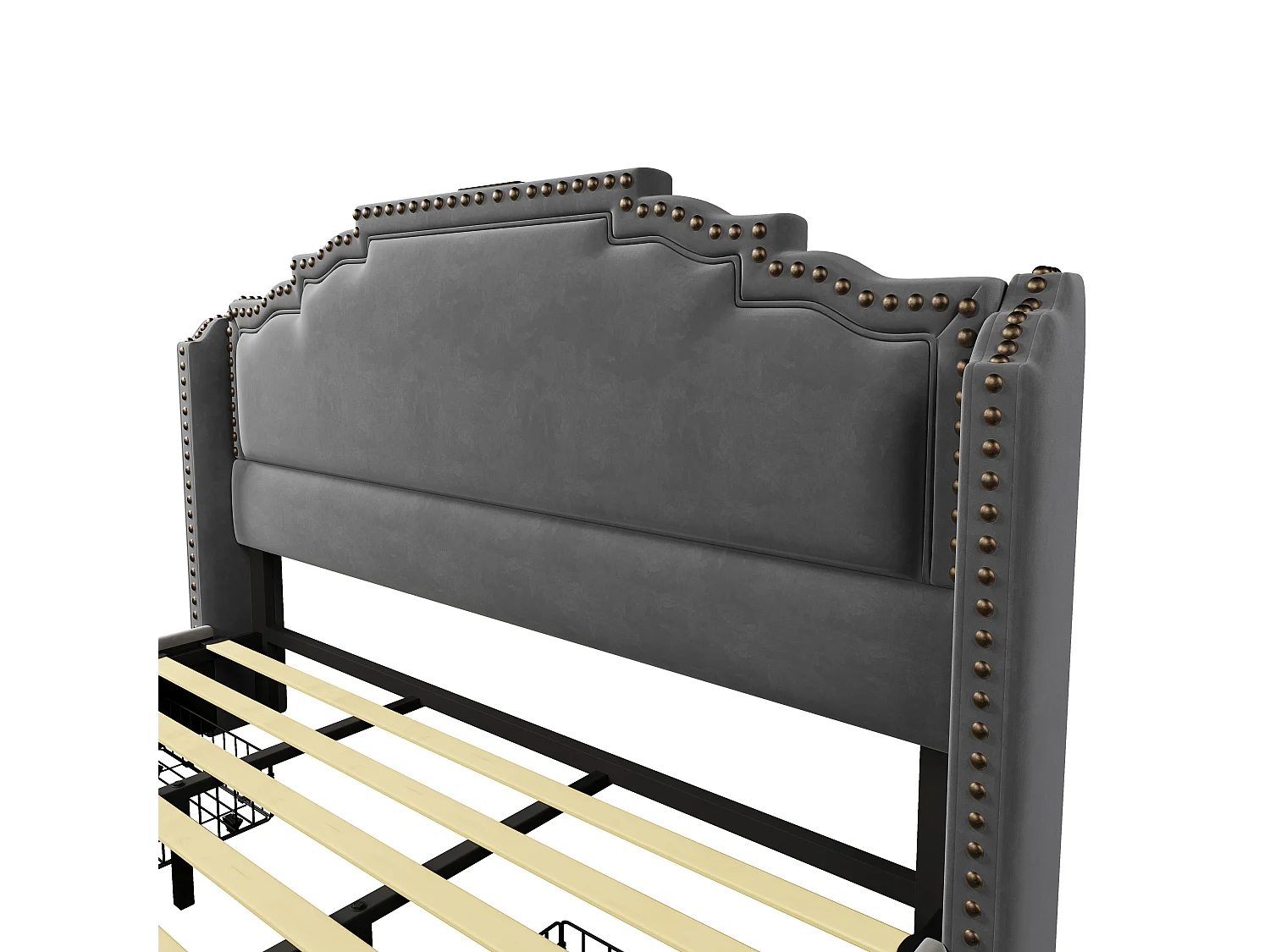 Tweepersoonsbed voor volwassenen 180x200cm met lattenbodem en 4 lades - LED en USB - bedframe - grijs fluweel (zonder matras)