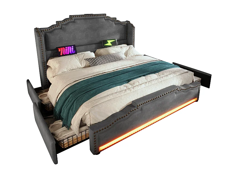 Lit coffre 180x200 avec 4 tiroirs, avec LED et ports USB et Type C, avec sommier, velours, gris (Sans matelas)