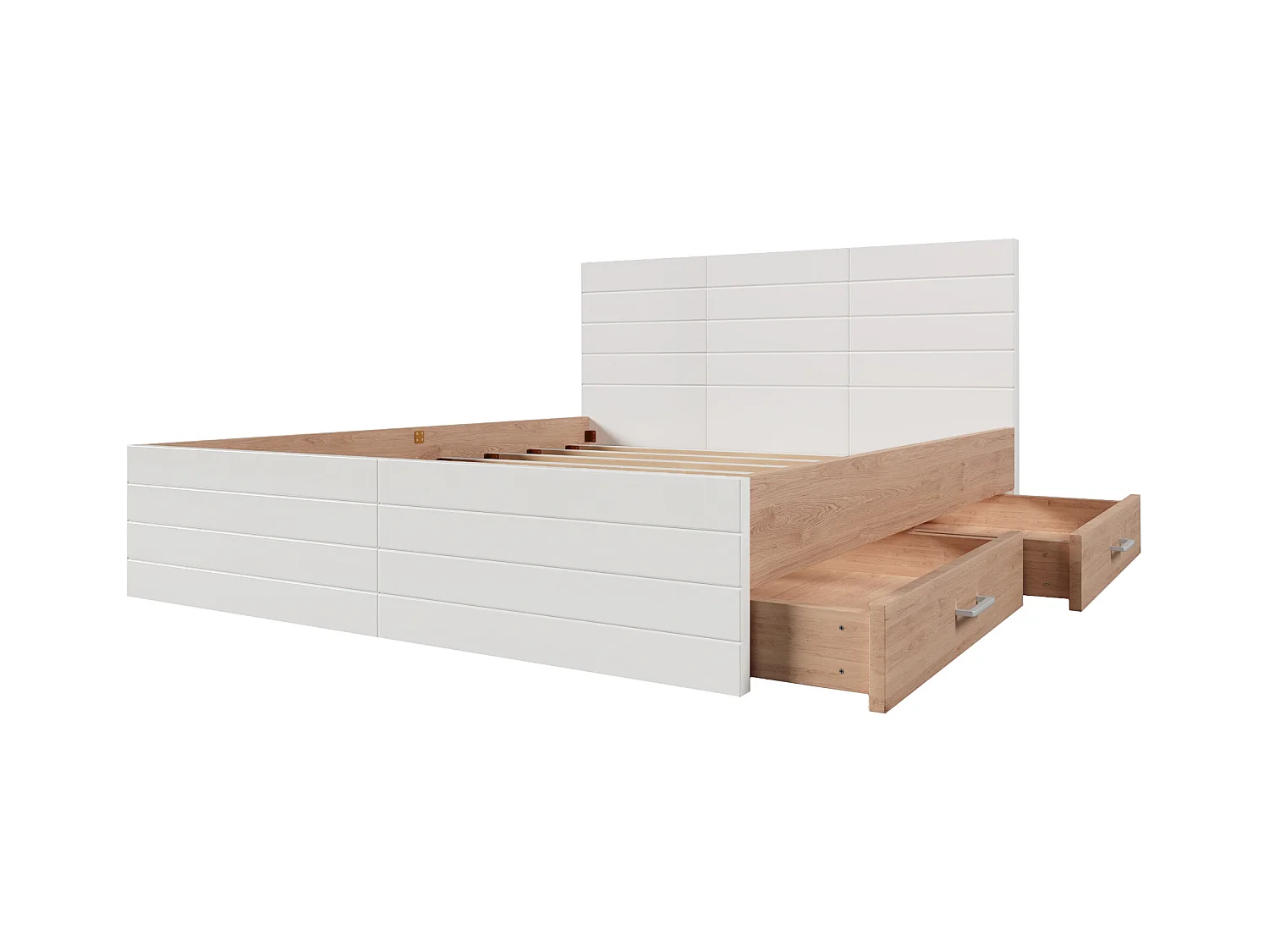 Tweepersoonsbed 140x200cm met 2 lades en lattenbodem - houten bedframe - eiken/wit - zonder matras