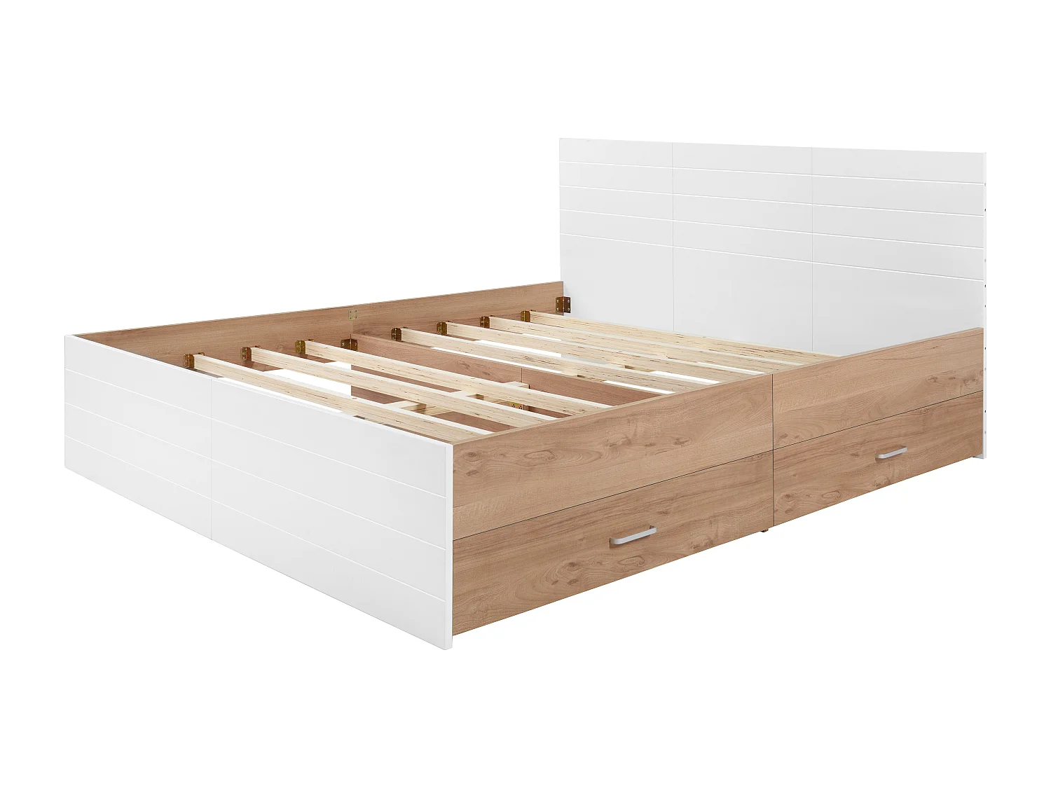 Lit 140x200 avec 2 tiroirs, avec sommier à lattes, rangement sous le lit, bois et MDF, blanc et chêne clair (Sans matelas)