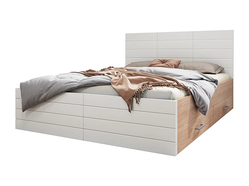 Lit 140x200 avec 2 tiroirs, avec sommier à lattes, rangement sous le lit, bois et MDF, blanc et chêne clair (Sans matelas)