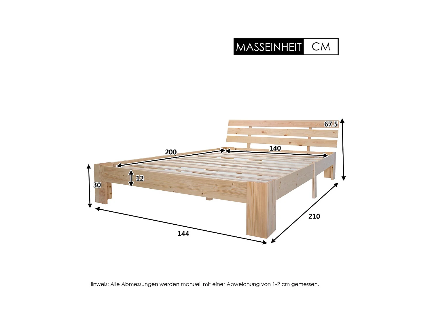 Volwassen bed tweepersoonsbed 140x200 cm met lattenbodem - houten bedframe - naturel (zonder matras)