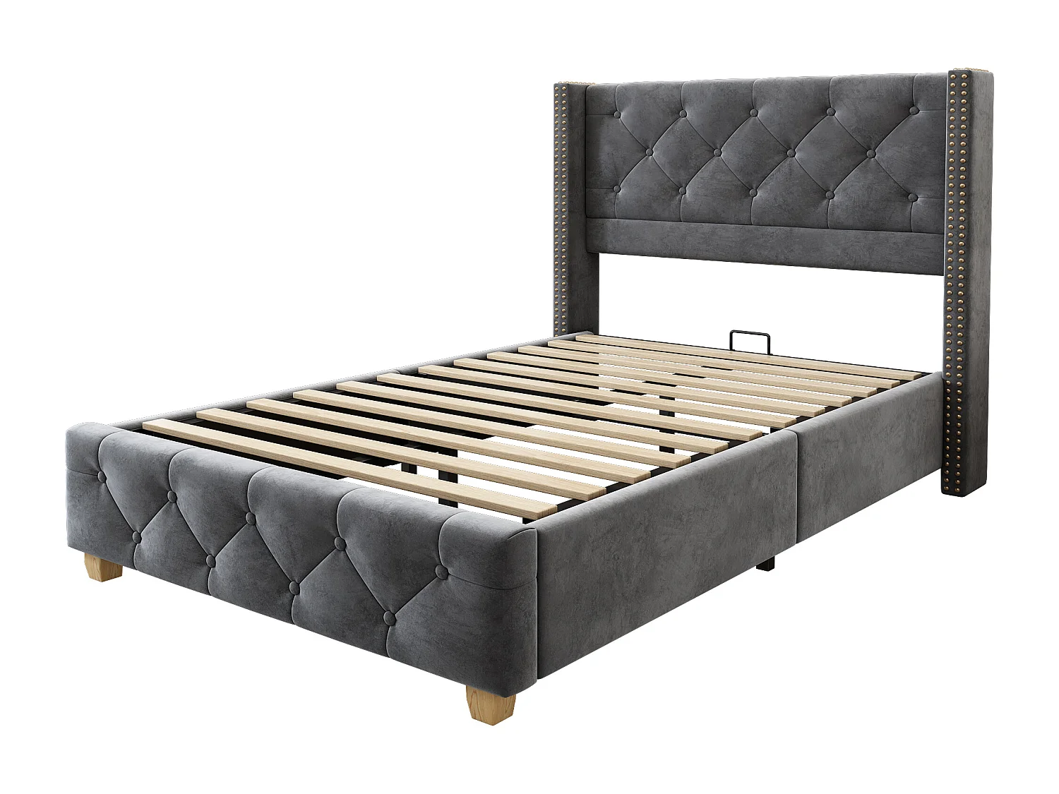 Letto singolo per bambini 90x200 cm con rete a doghe - testiera imbottita - giroletto in legno - velluto grigio (senza materasso)